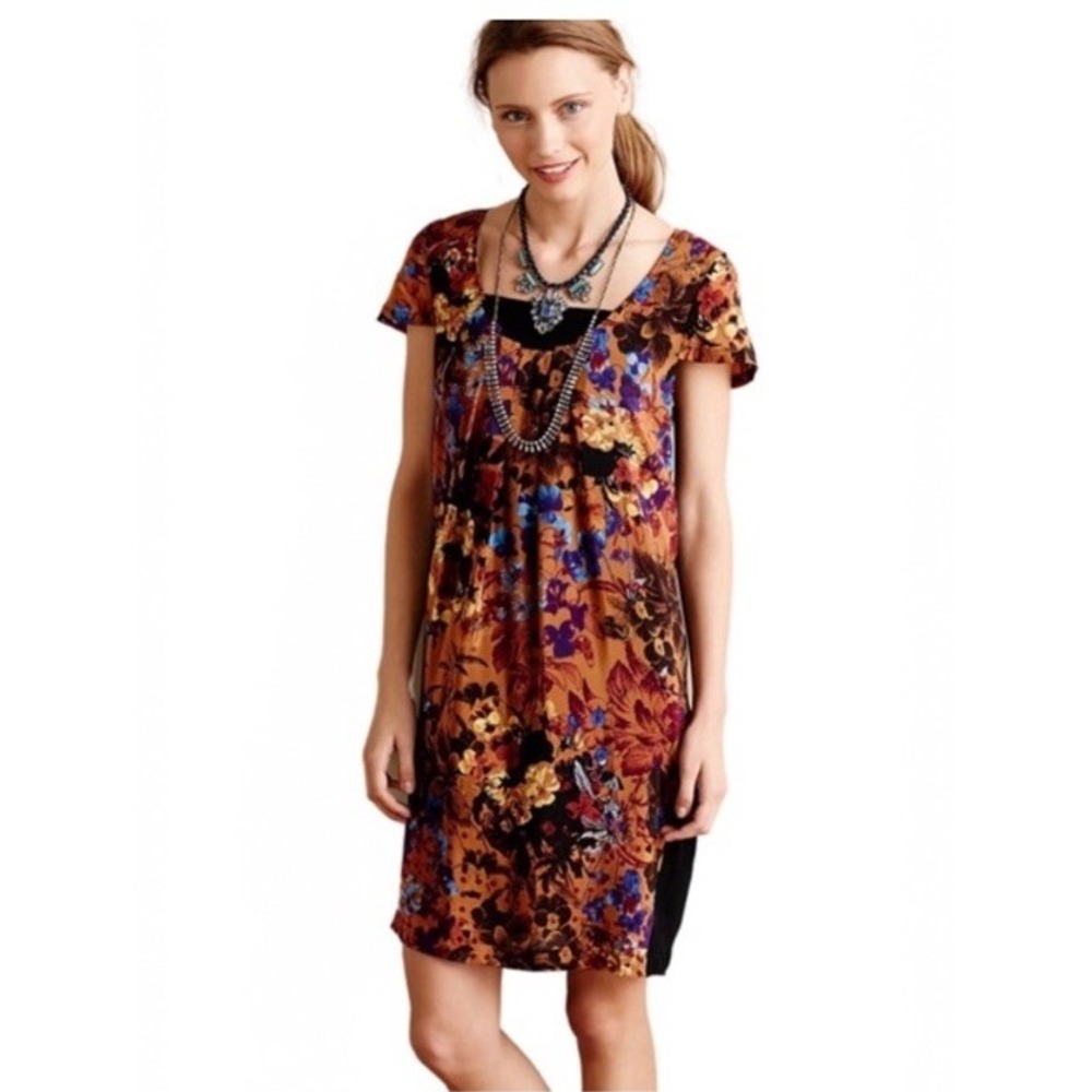 Anthropologie Maeve Floral Silky Viscose Tunic Dress XS Short Sleeve Lined Zip